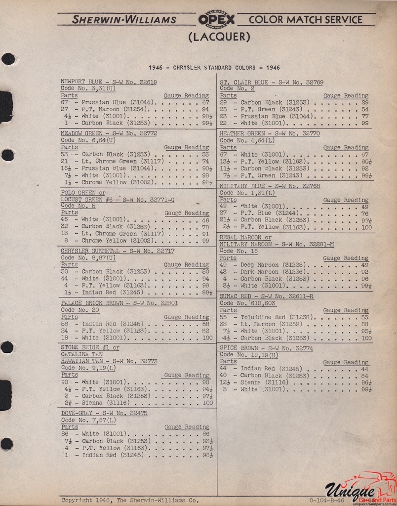 1946 Chrysler Paint Charts Williams 3